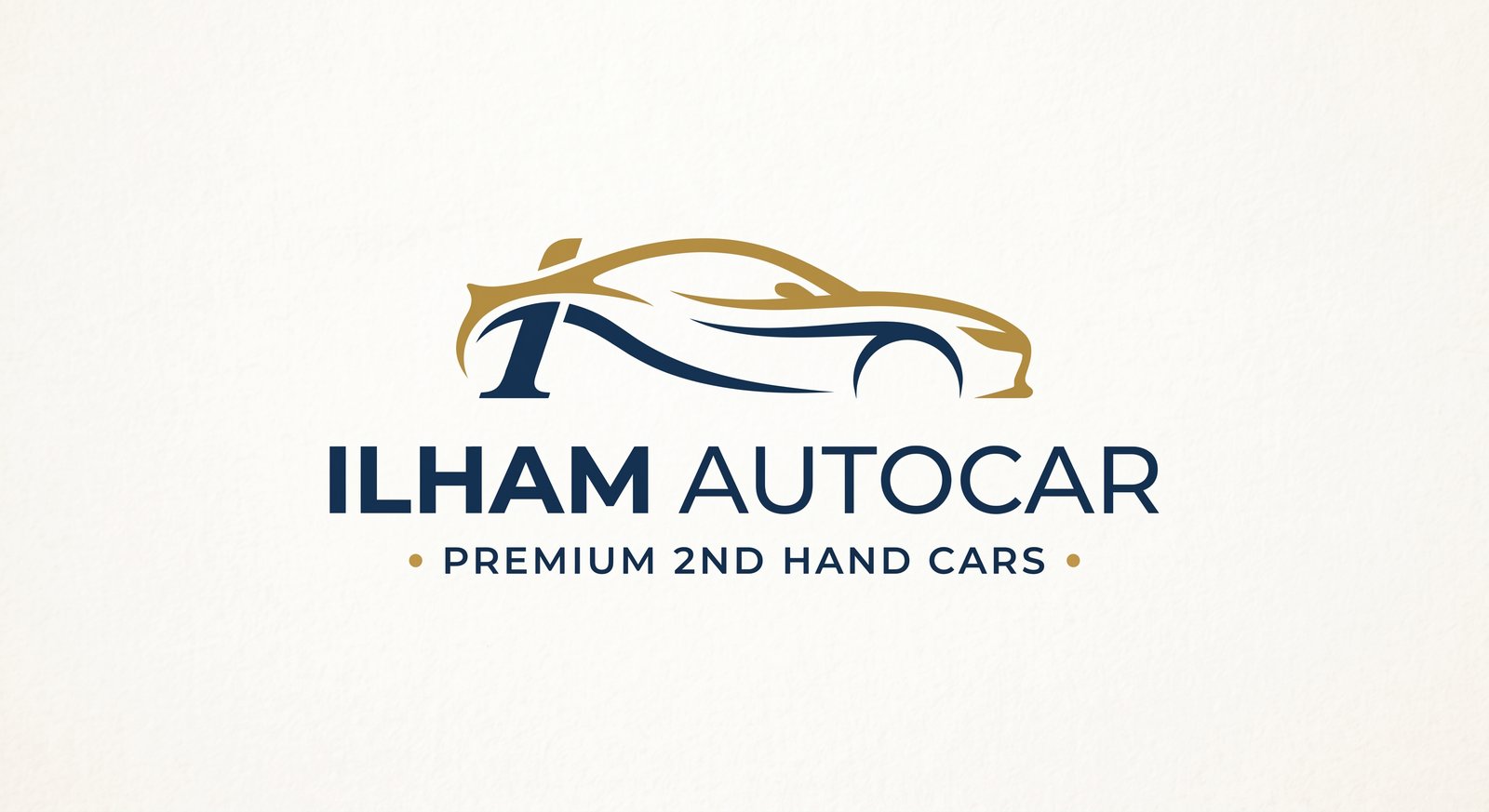 Logo Ilham Autocar: siluet mobil emas dengan angka satu berwarna navy